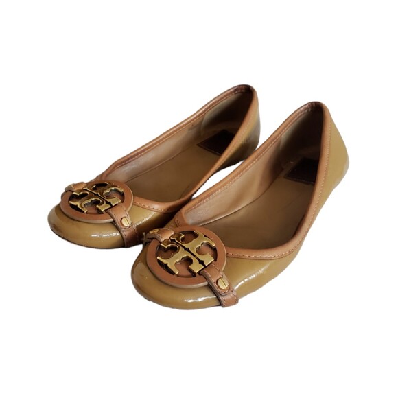 TORY BURCH Brown Patent Leather Ballerina Flats Gold Logo Women's Size 6.5M - Picture 1 of 12